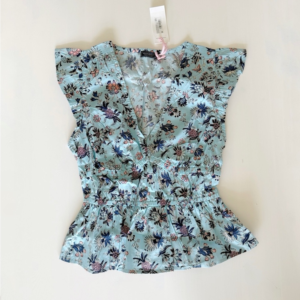 Vineyard Vines Light Blue Floral Ruffle Sleeveless Blouse